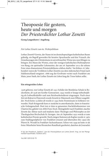Abhandlungen | Georg Langenhorst Theopoesie für gestern, heute und morgen. Der Priesterdichter Lothar Zenetti [62-75]